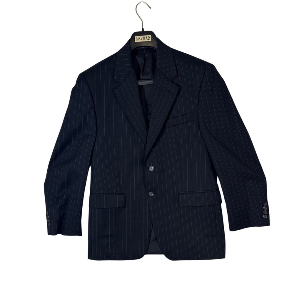 Lauren Ralph Lauren Mens Navy Pinstripe Wool Suit 2pc Blazer Pleated Pants 32x34